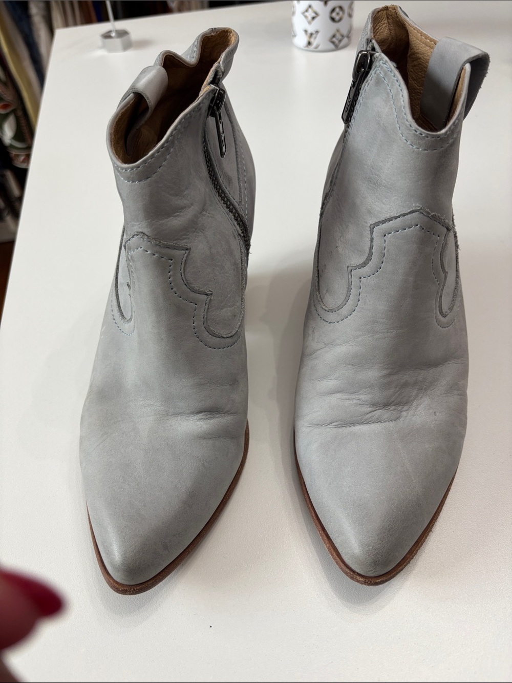 Frye Light Gray Pointed Leather Ankle Booties